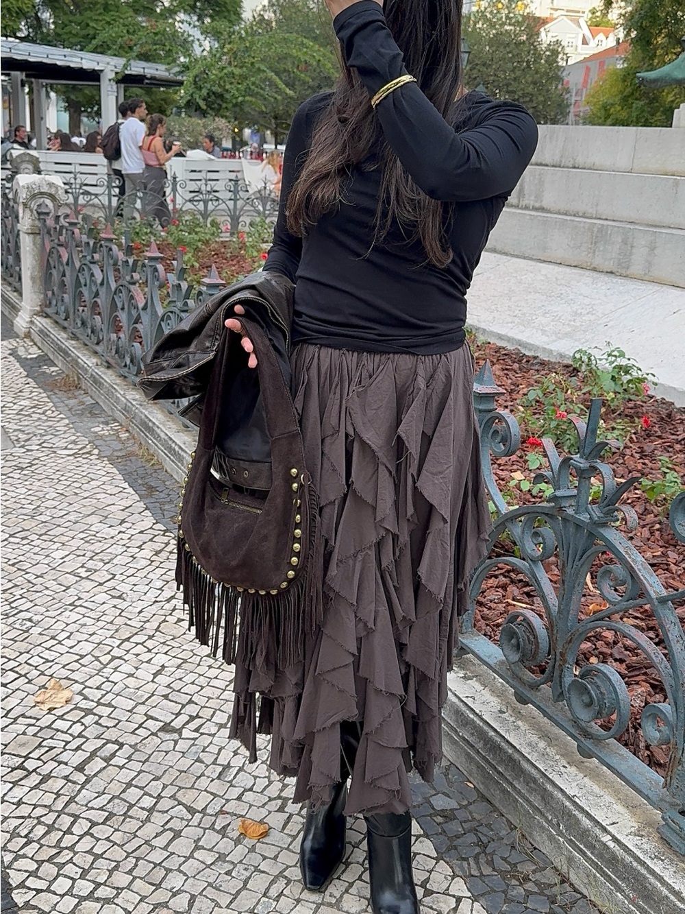 Brown Ruffled A-Line Midi Tiered Skirt